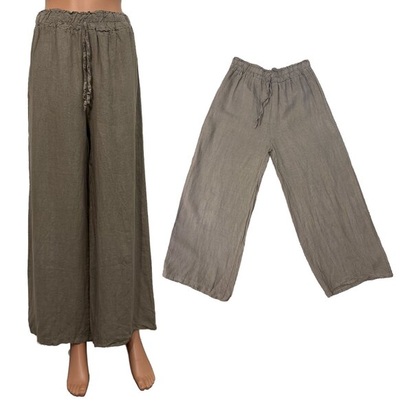 Made in Italy 100% Linen Meo Meli Elastic Waist Grey Beige Pants - Picture 1 of 9